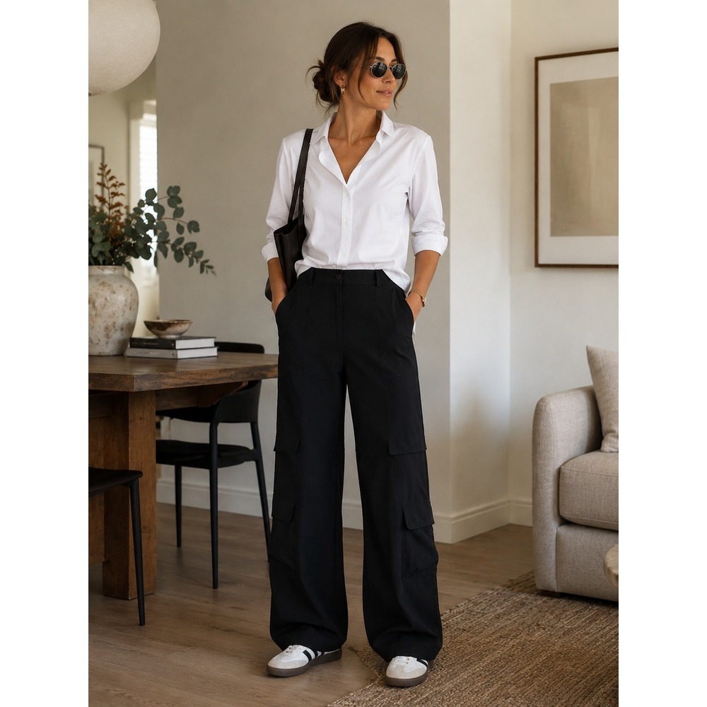 Amanda Uprichard Cargo Pants Womens Large Black Wide Leg Tiered Baggy Long